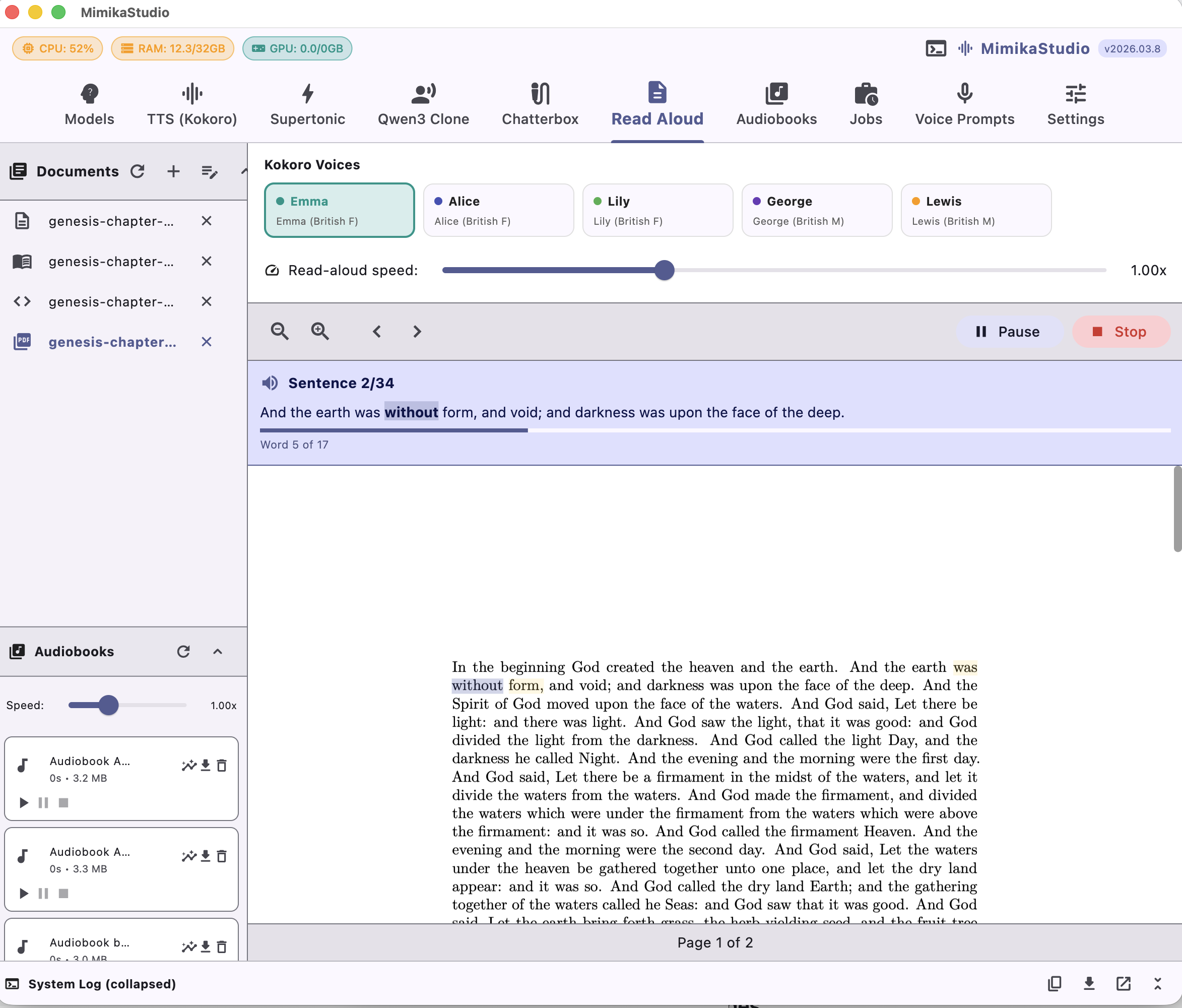 Read Aloud screen