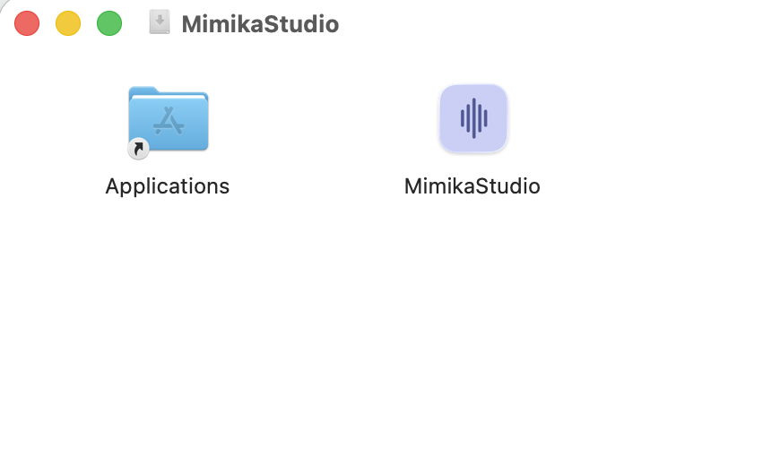 DMG window with MimikaStudio and Applications shortcut
