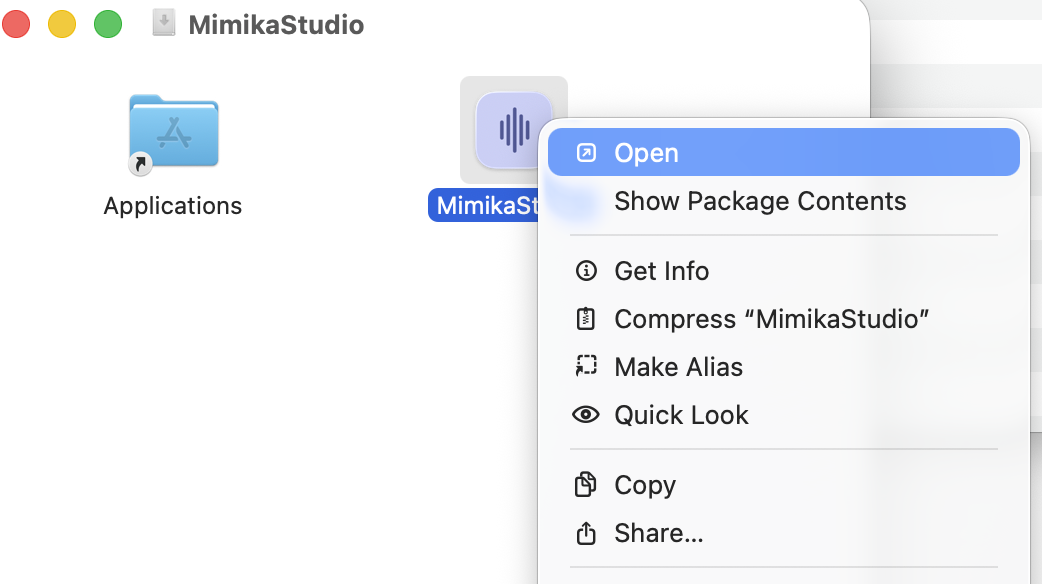 Right-click Open on MimikaStudio app