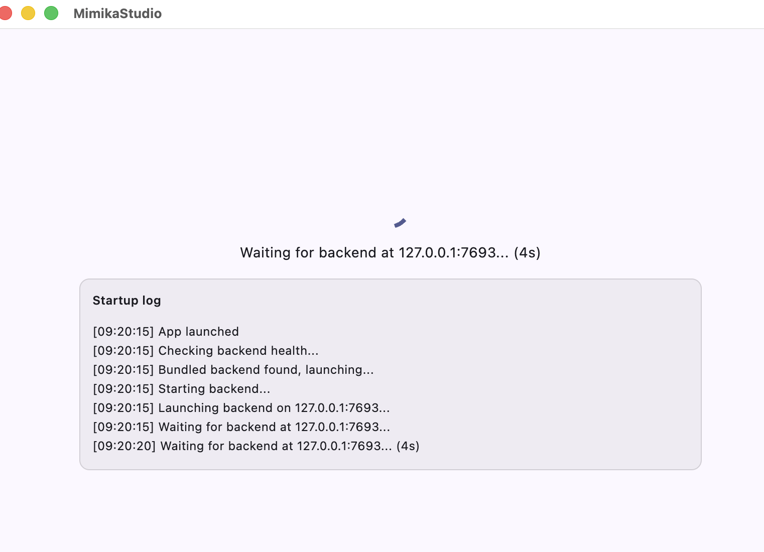 MimikaStudio backend startup log during first launch