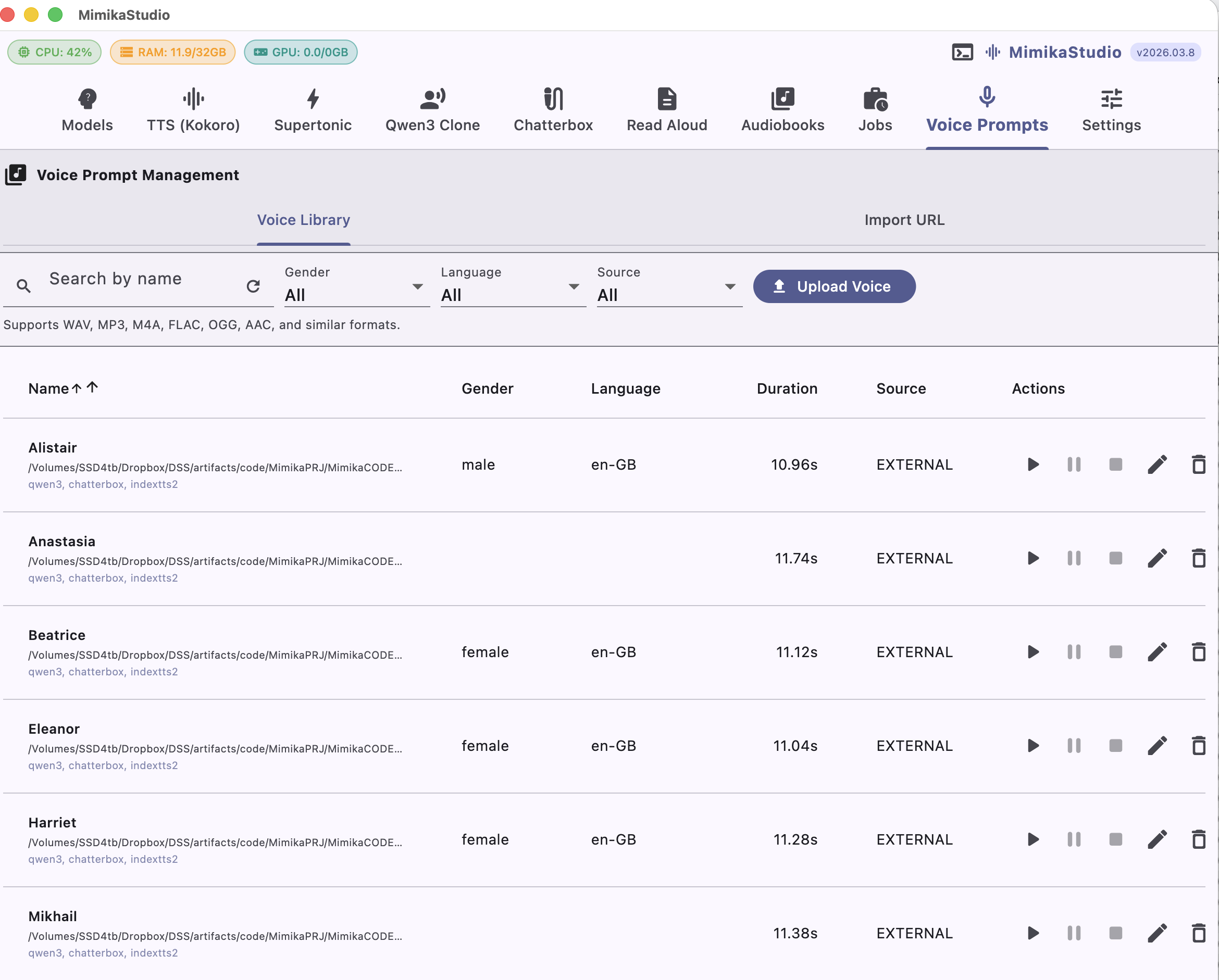 Voice Prompt Management screen