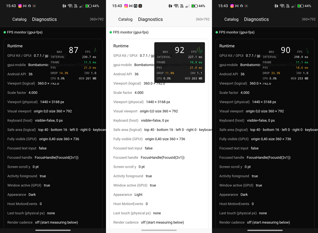 Cold start dark, live toggle to light, app-local dark on a light system