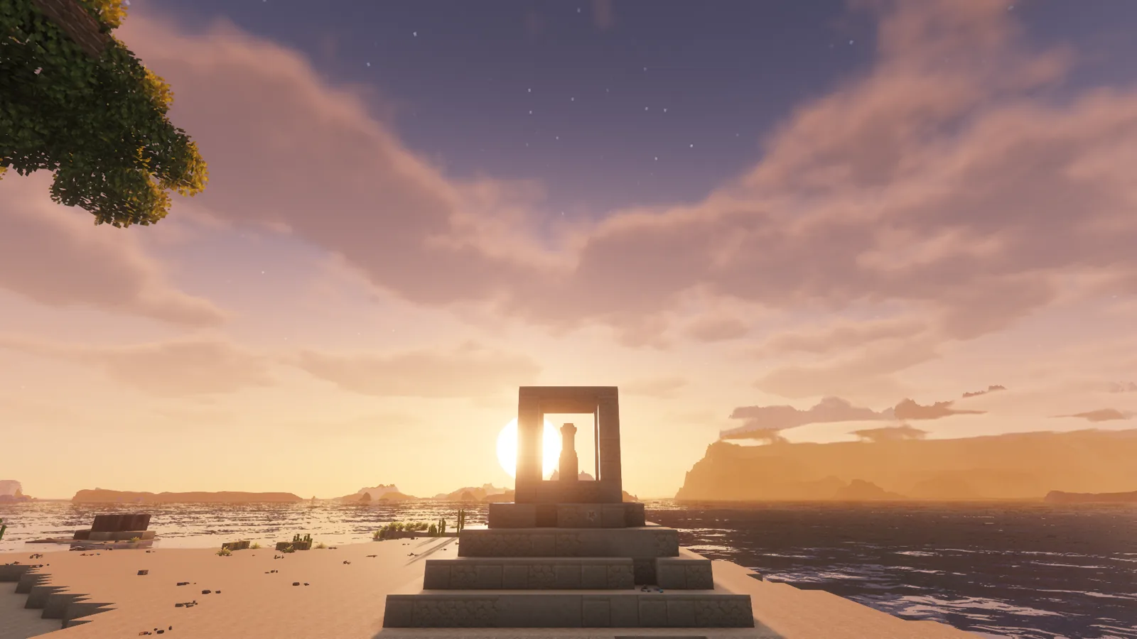 A sandstone step pyramid on a beach at sunset, the sun behind its gateway and the waystone inside it