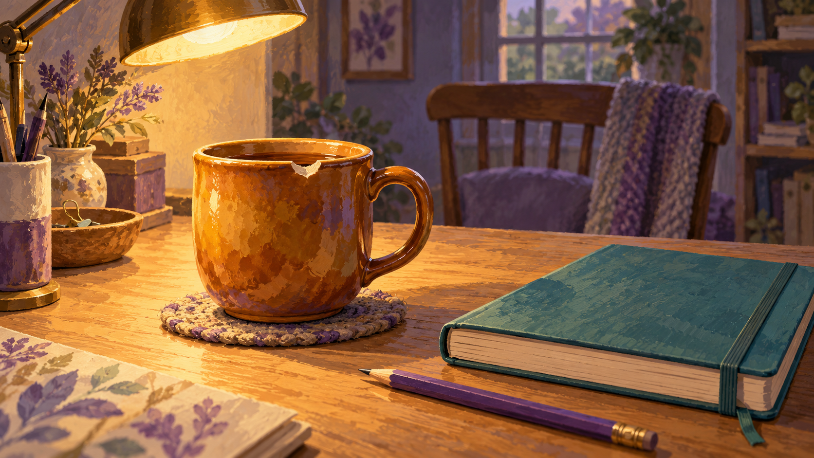 An amber mug with a small chipped rim sits beside a closed teal notebook on a quiet workshop desk.