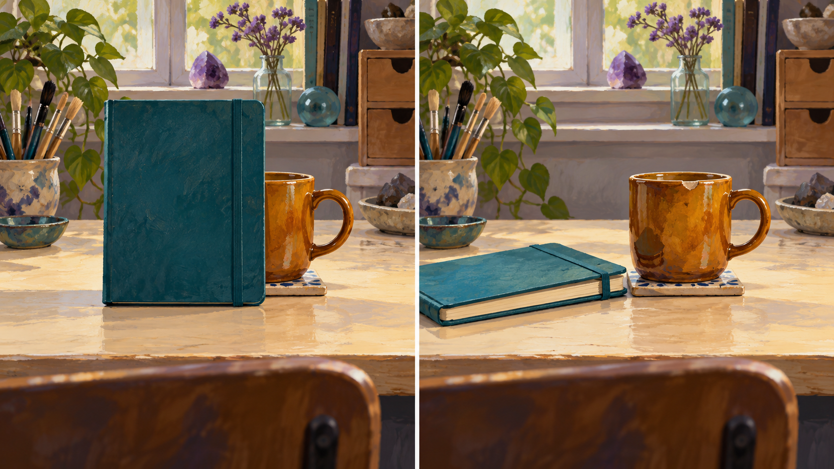 Two illustrated alternatives show an upright teal notebook blocking an amber mug's chipped rim, then the notebook laid flat to one side so the chip is visible.