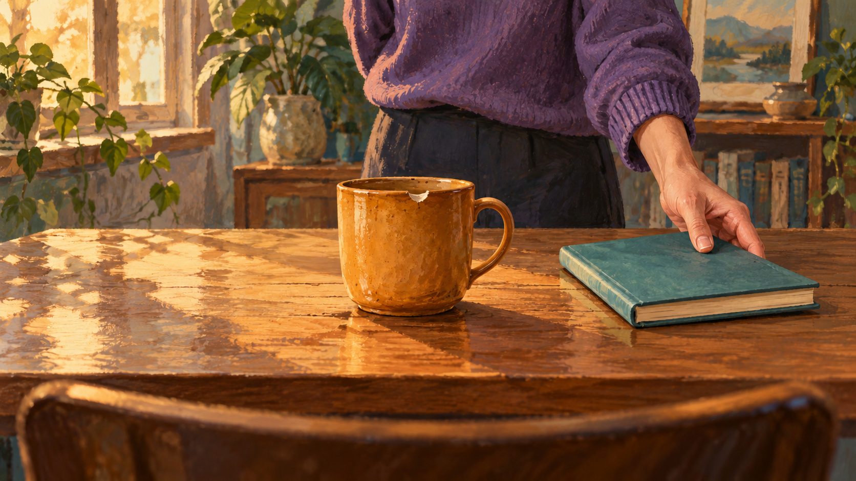 A figure in a violet sweater leaves an amber chipped mug uncovered while placing a closed teal notebook flat to one side of the desk.