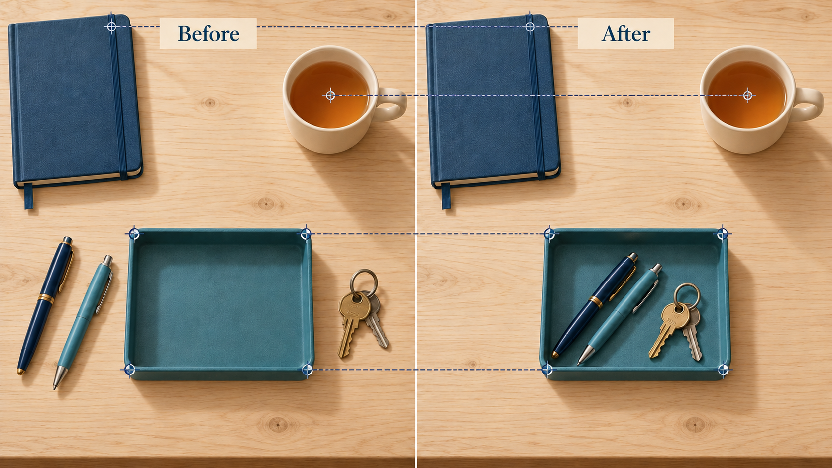 A paired desk-composition study uses registration guides to compare the table edge, notebook and cup positions across two views.