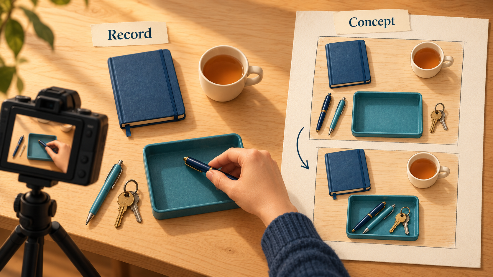 An editorial illustration separates a camera recording a desk action from a storyboard suggesting a smooth decorative transition between two desk states.