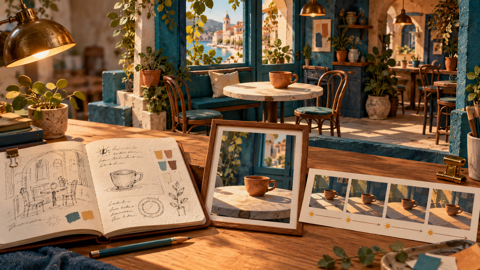An illustrated caf&eacute; scene sits beside a written brief, a cup photograph and a short storyboard strip on a creative desk.
