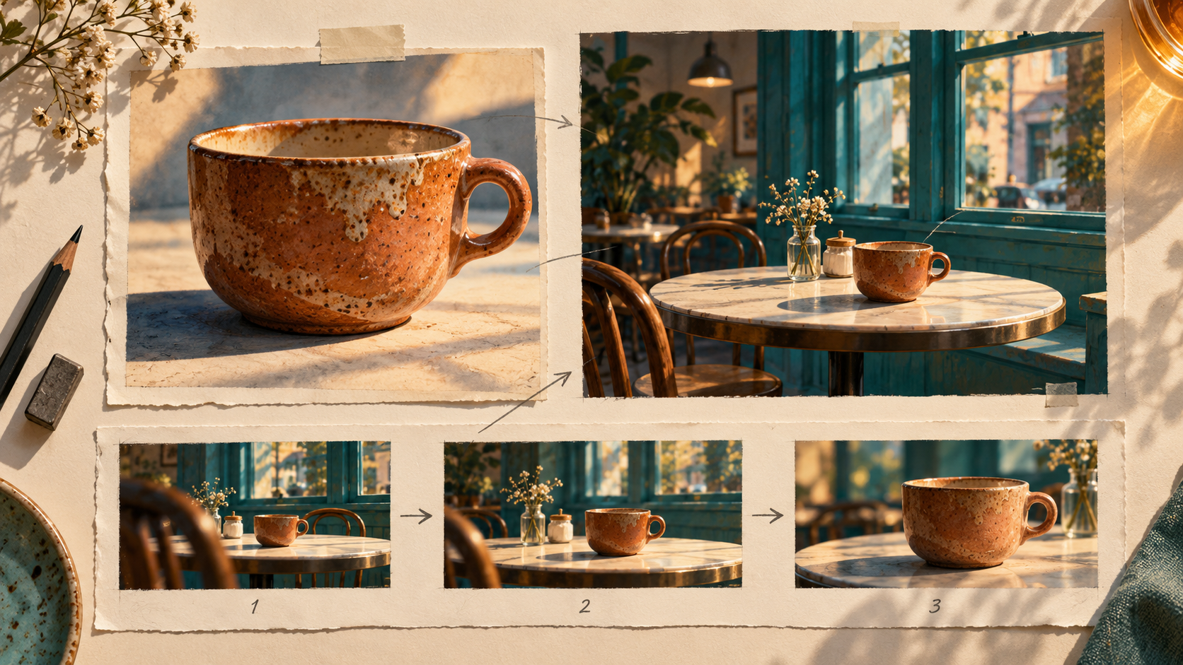 A terracotta caf&eacute; cup is shown with a close appearance study, a wider room composition and a separate strip suggesting camera movement.