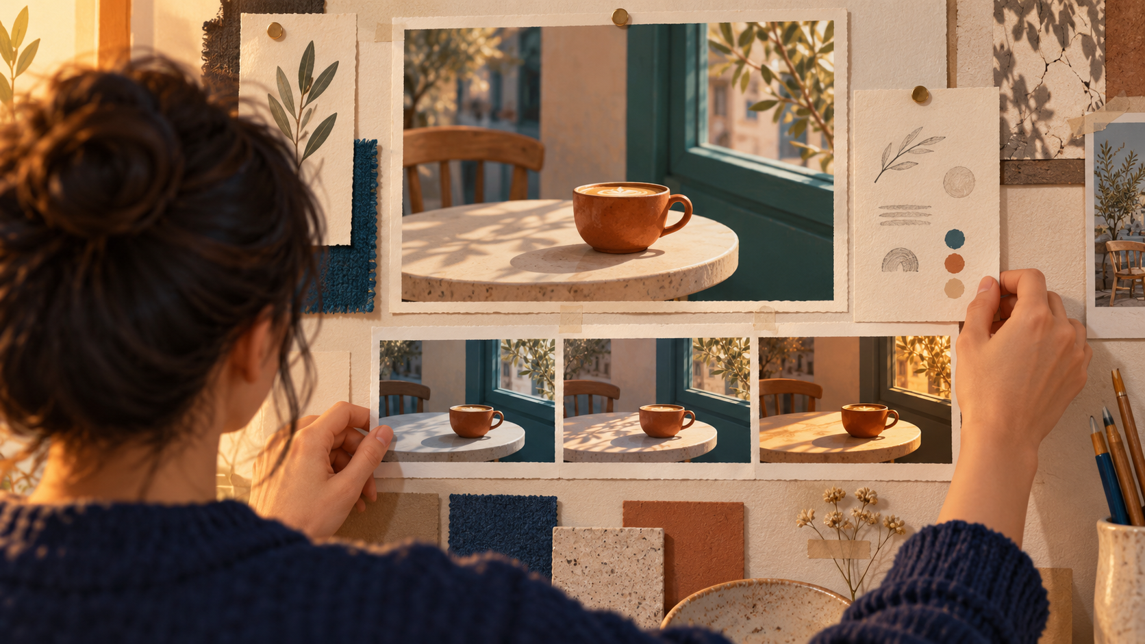 A designer arranges a caf&eacute; image and an ordered three-frame movement strip beside a short handwritten planning page.