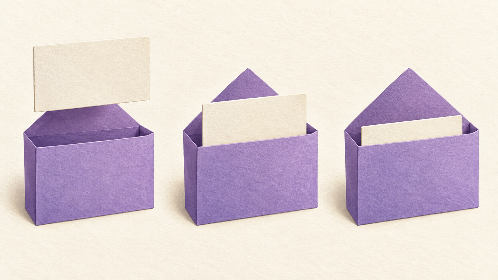 Three consistent views of a purple paper pocket show a small card outside, partly entering the pocket and seated inside it.