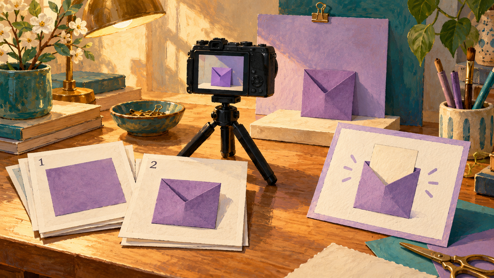 An editorial desk holds numbered still pictures, a camera recording setup and a separate illustrated concept card.