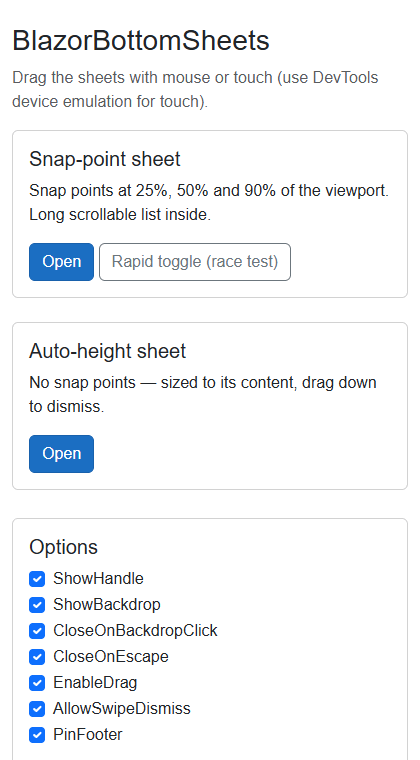 BlazorBottomSheets in action