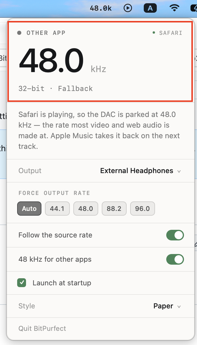 The new Other app reading: Safari has the audio and the DAC is parked at 48 kHz