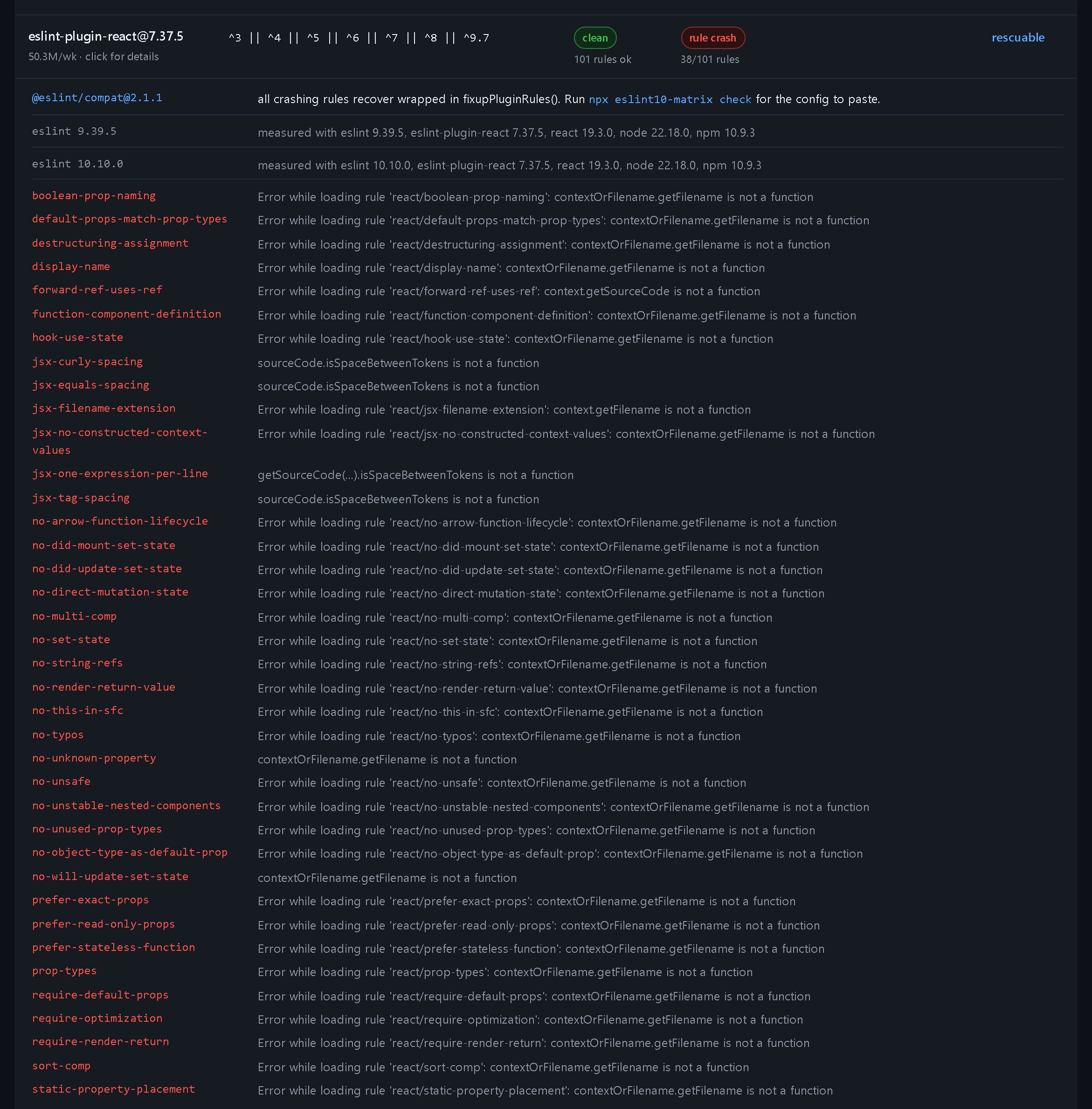 eslint-plugin-react expanded, showing the rescue line above its 38 crashing rules