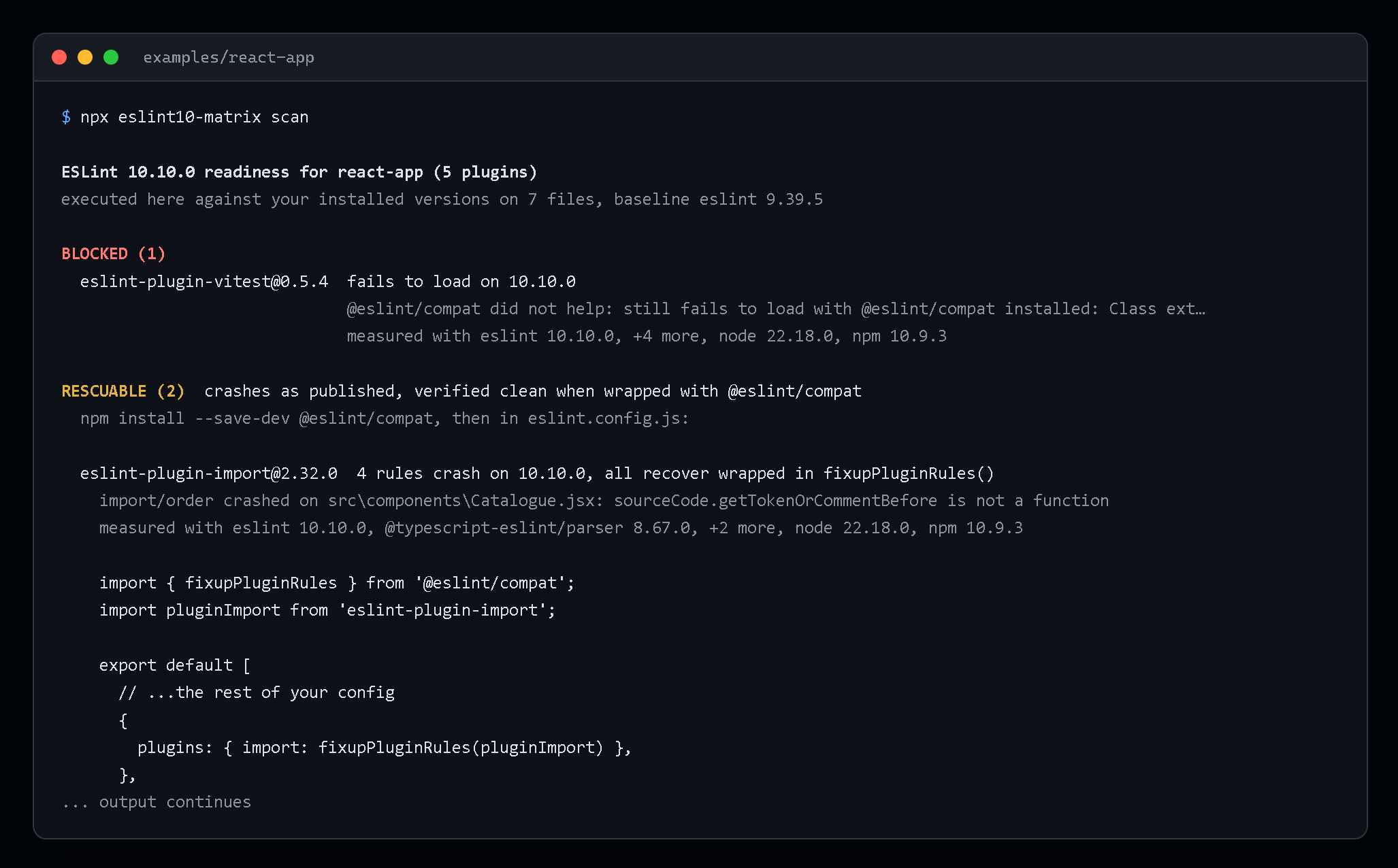 npx eslint10-matrix scan in a five-plugin React app: one plugin blocked, two rescuable with @eslint/compat, and the config to paste