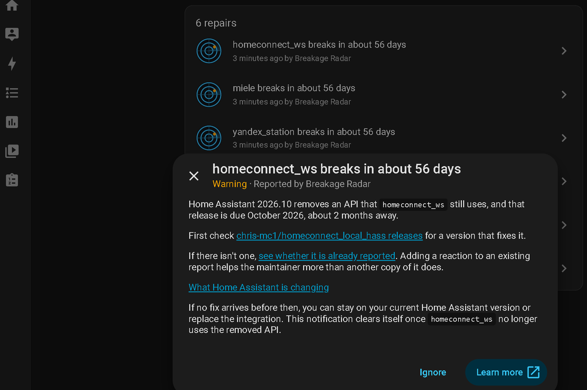 A notification for a single integration, linking to its releases, to existing reports and to the Home Assistant change