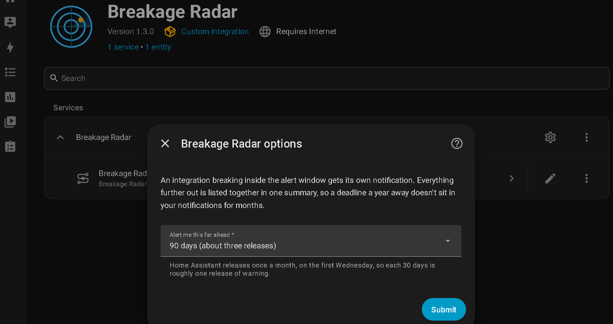 The options dialog, choosing how far ahead to be alerted