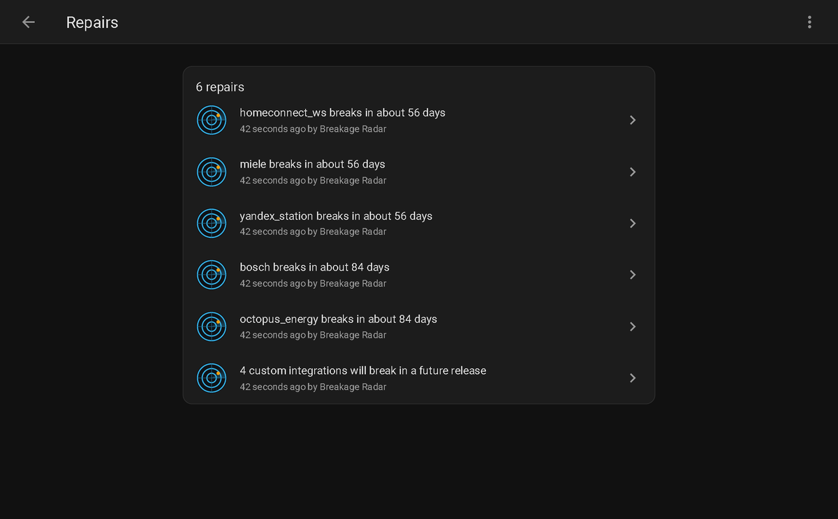 The Home Assistant repairs panel showing one notification per imminent integration plus a single summary
