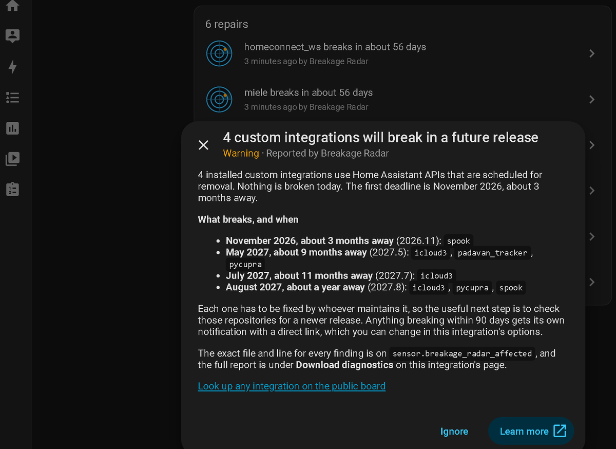 A Home Assistant repair notification listing which custom integrations break in which release, with dates