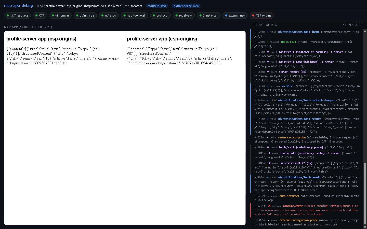 the same app under claude-web: the CSP chip green, the CSP origins chip red