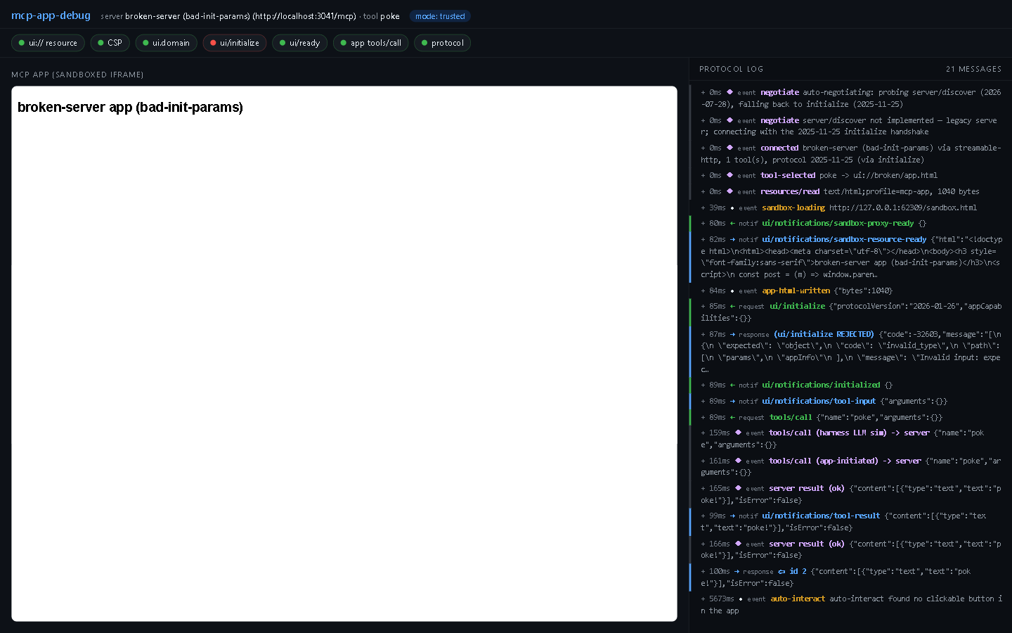 a rejected ui/initialize among six passing checks