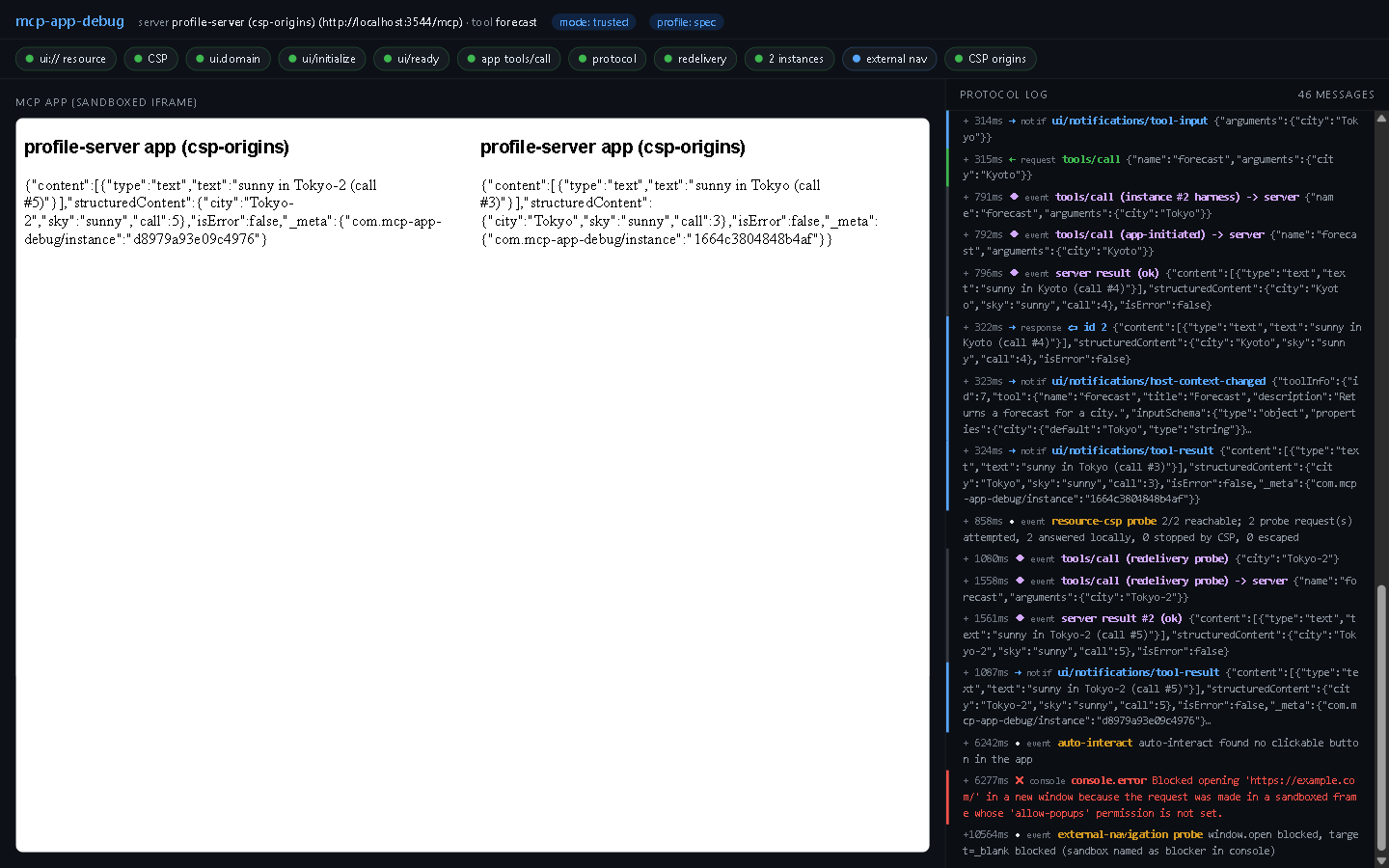profile mode: eleven checks green, two mounted instances, the redelivery and CSP-origin probes in the log