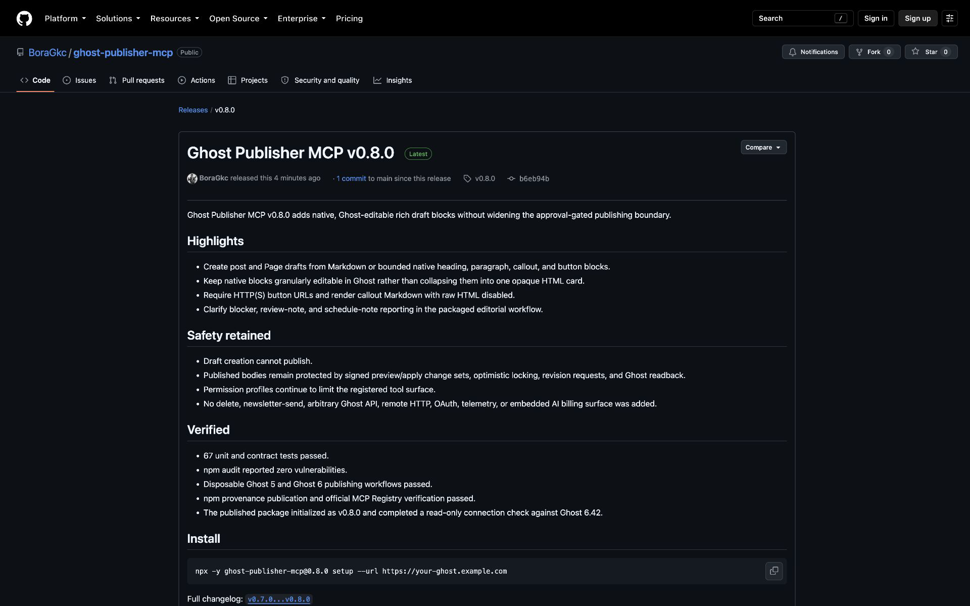 v0.8.0 marked as the latest GitHub Release