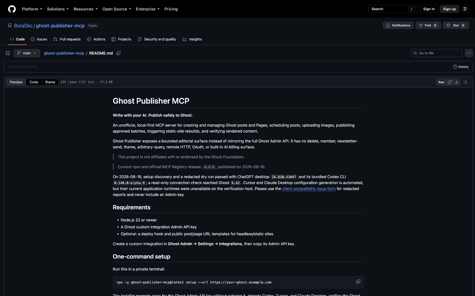 Ghost Publisher one-command setup