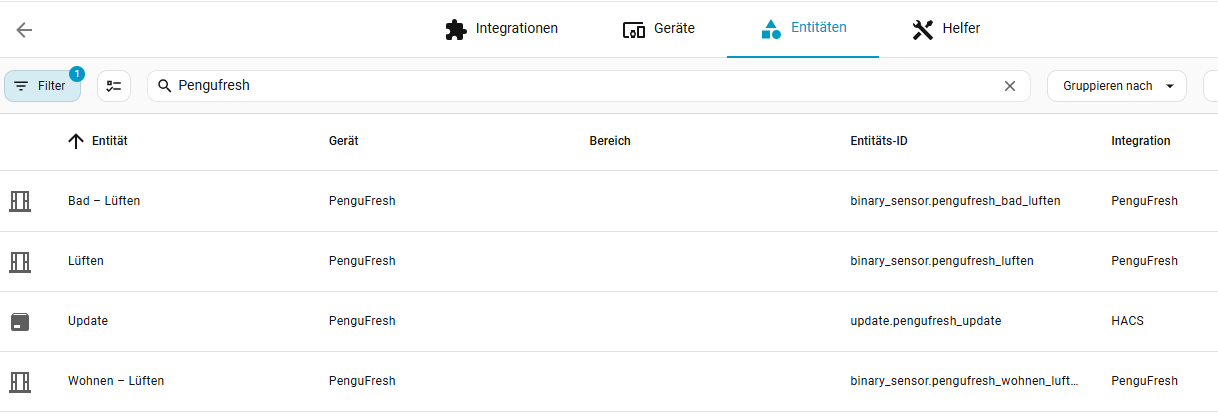 PenguFresh entities in Home Assistant