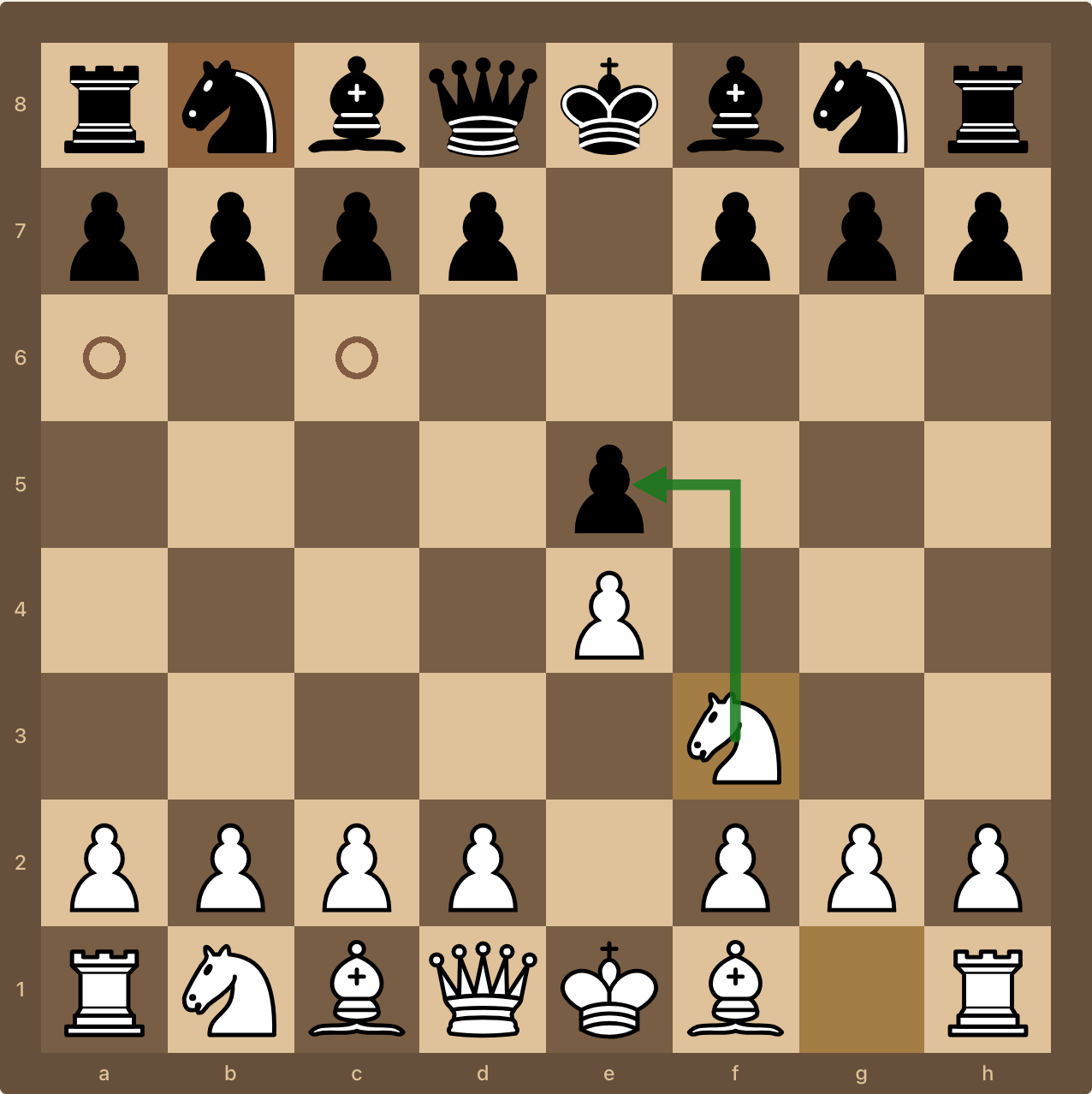 chessiro-canvas React chessboard component rendering the position after 1.e4 e5 2.Nf3, with a last-move highlight on f3, hollow legal-move indicators on a6 and c6, and an L-shaped knight arrow drawn from f3 to e5.