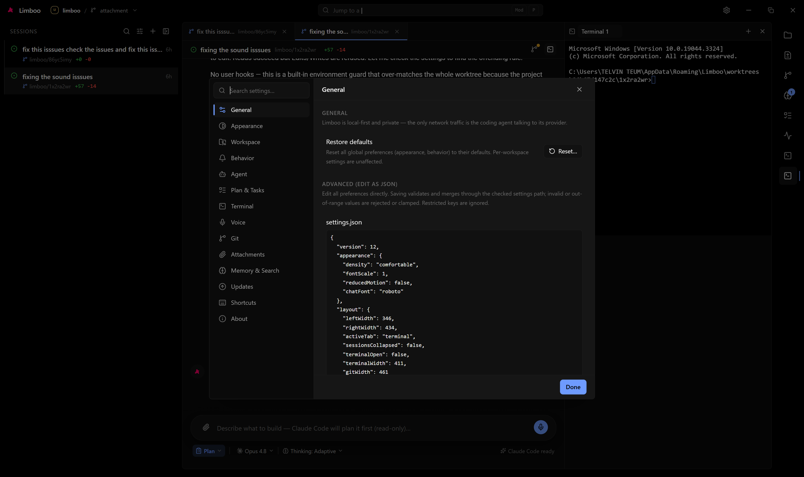 Settings modal