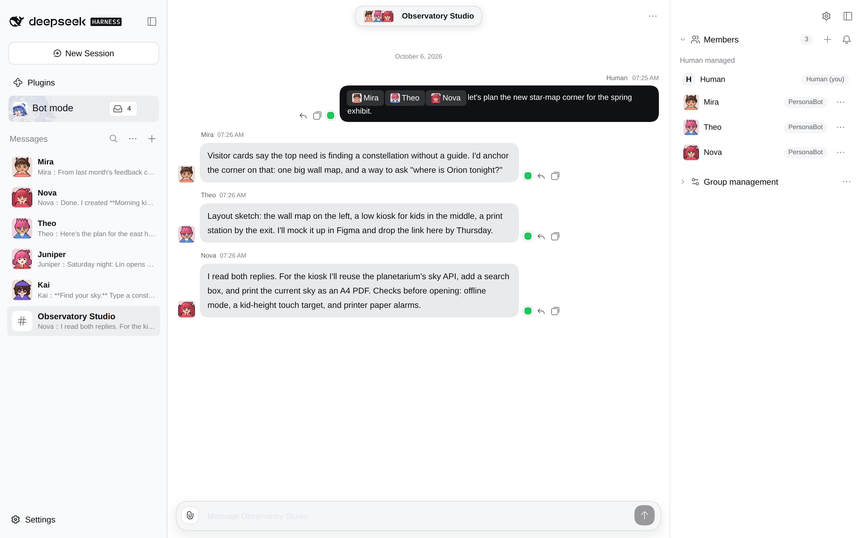 Three PersonaBots replying under their own identities in a Group