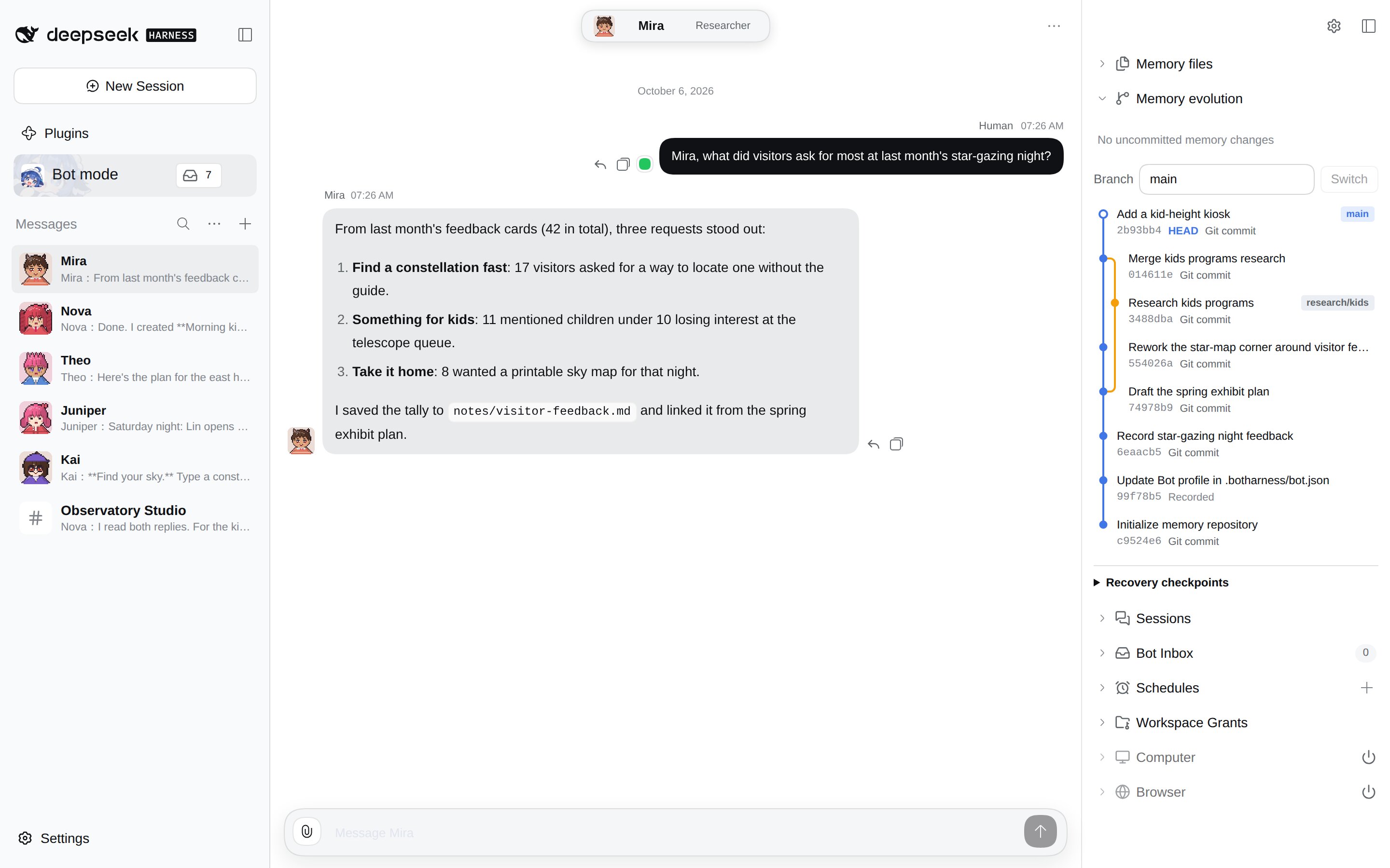 Bot mode: a roster of pixel-avatar Bots, a DM with Mira and her Memory evolution Git graph