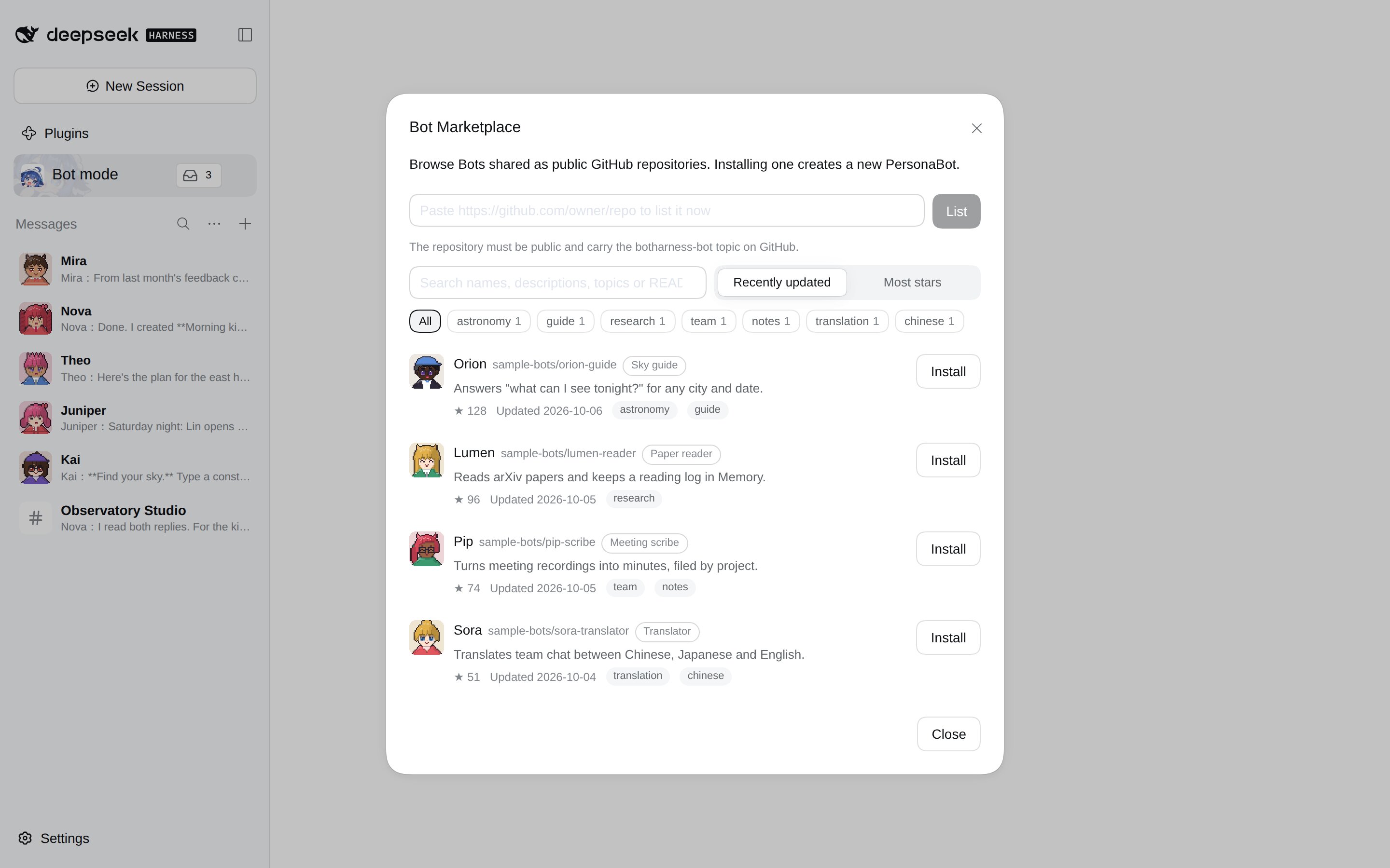 Bot Marketplace with topic filters, search and Install buttons (sample listings)