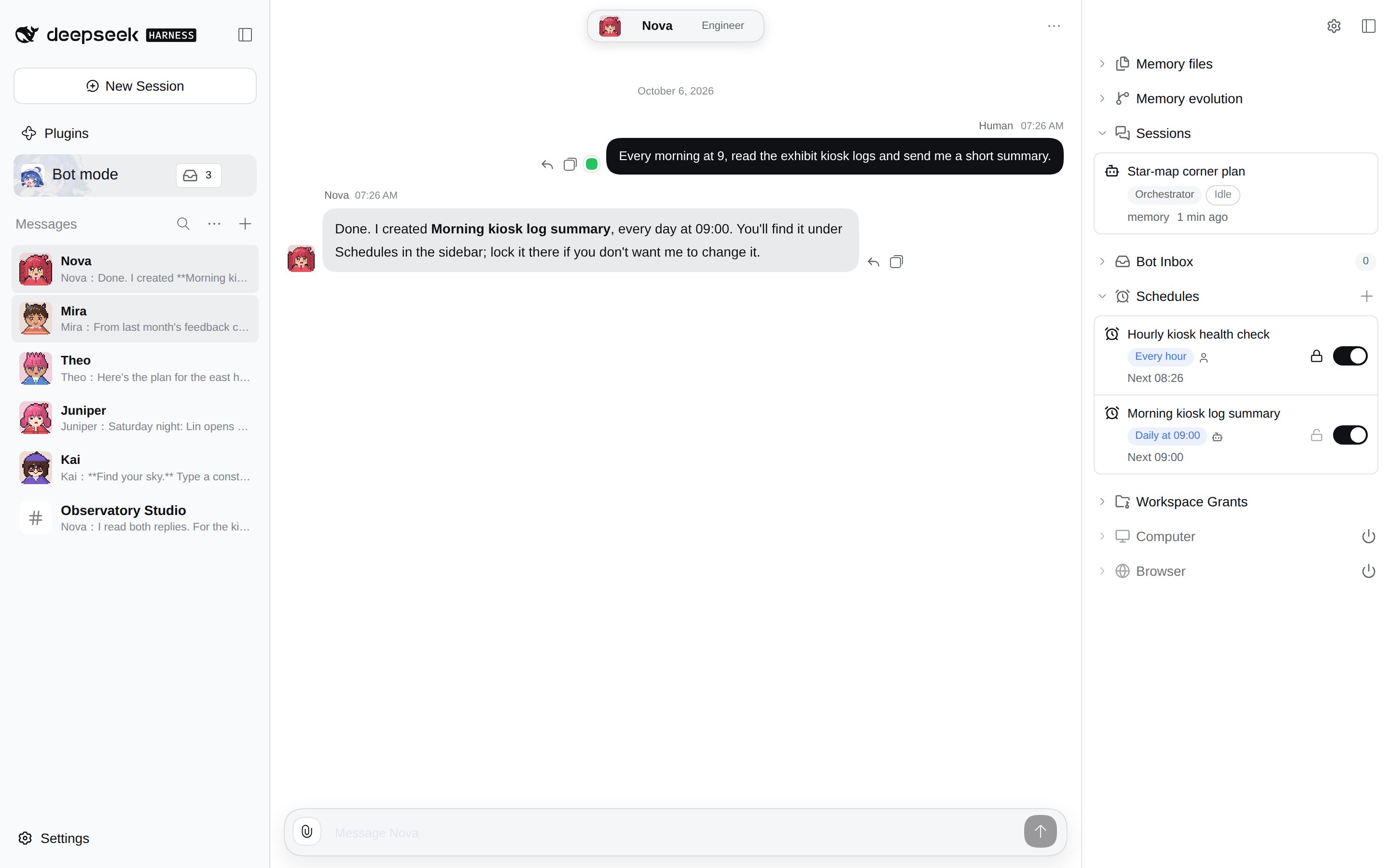 A Bot created a daily schedule itself; the sidebar lists Sessions and Schedules as cards