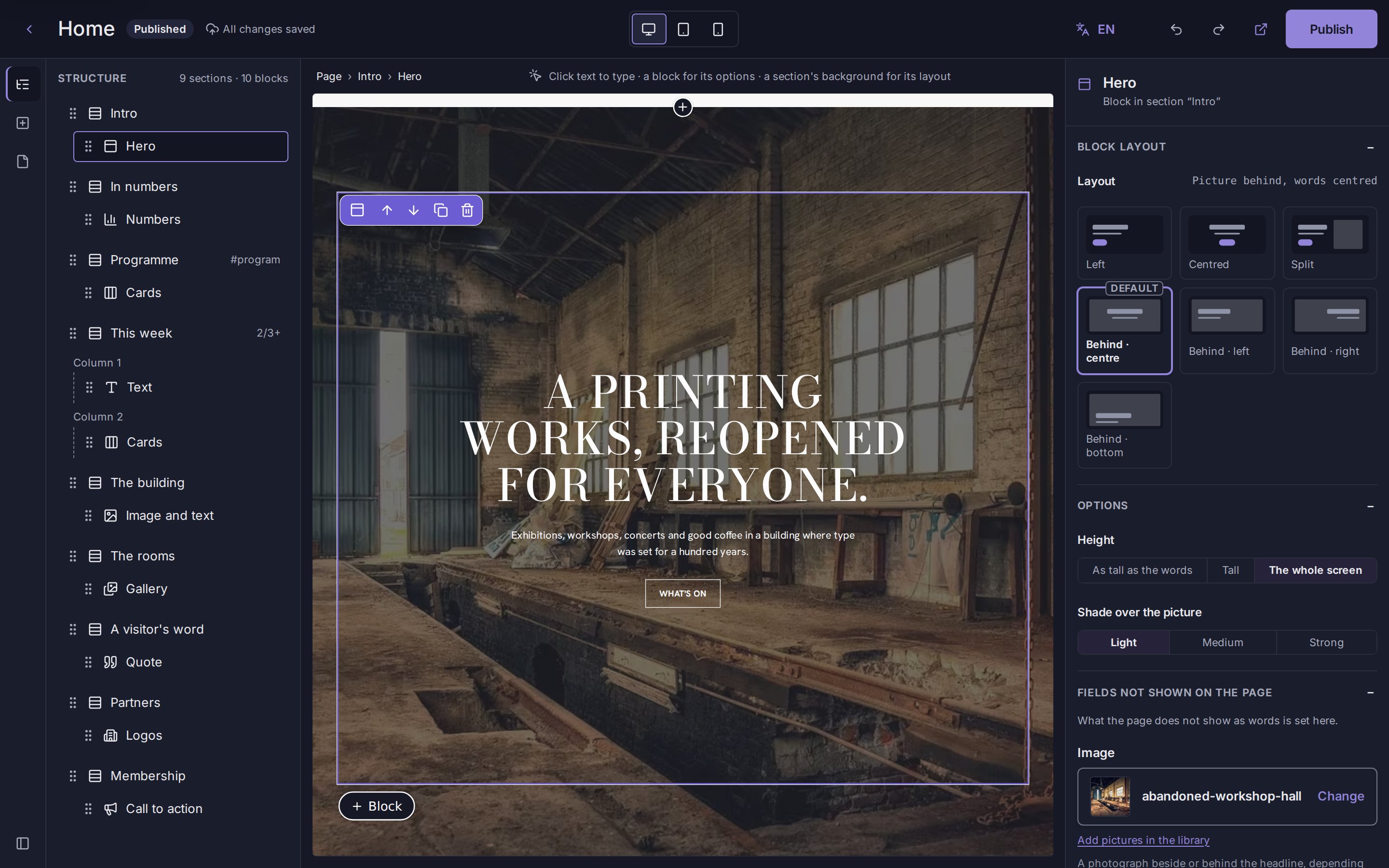 The Boxlet CMS page builder: the demo's home page, its hero selected