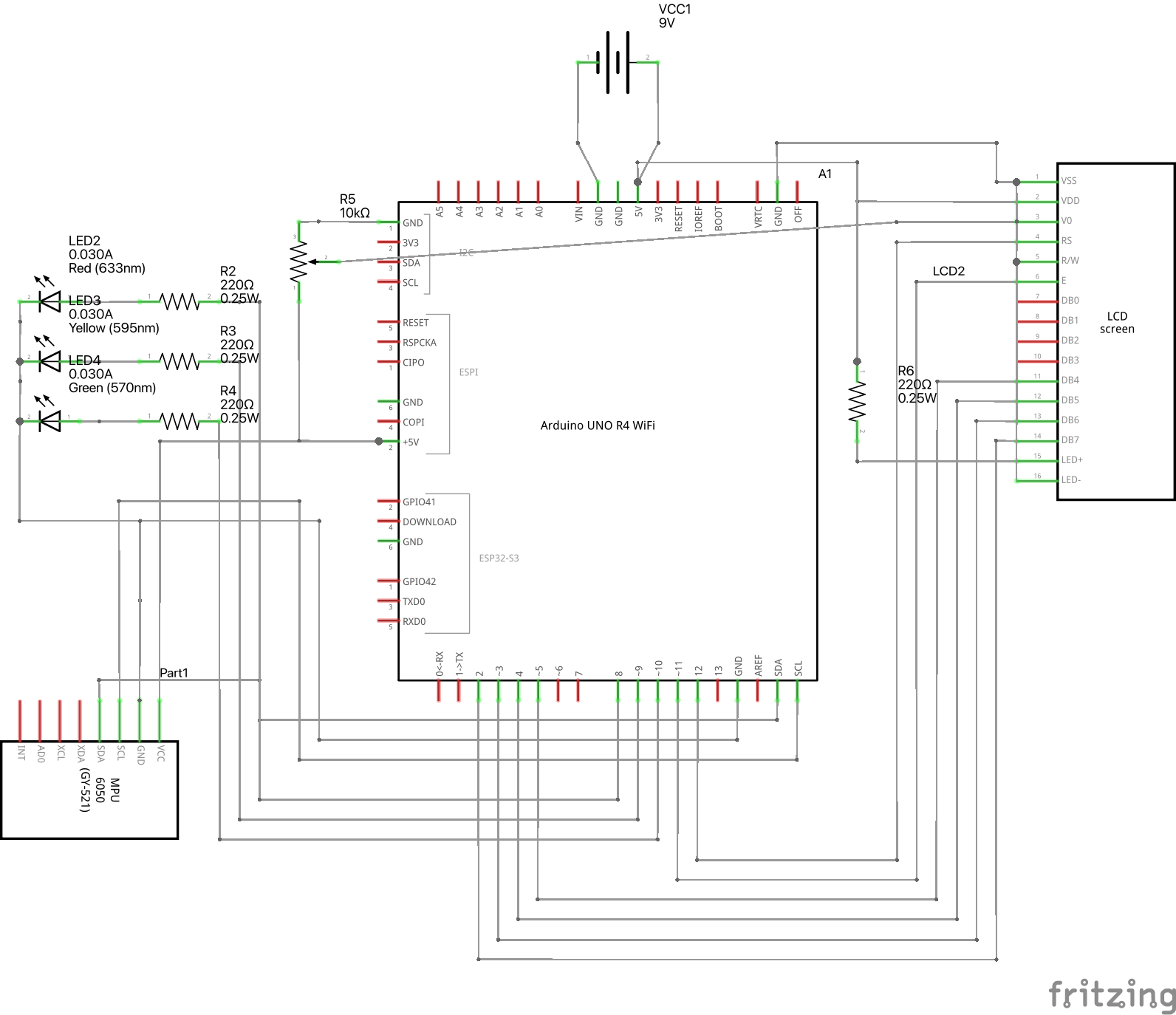 RoadRelay draft circuit schematic connecting the Arduino UNO R4 WiFi, MPU6050, parallel LCD, status LEDs, and contrast potentiometer