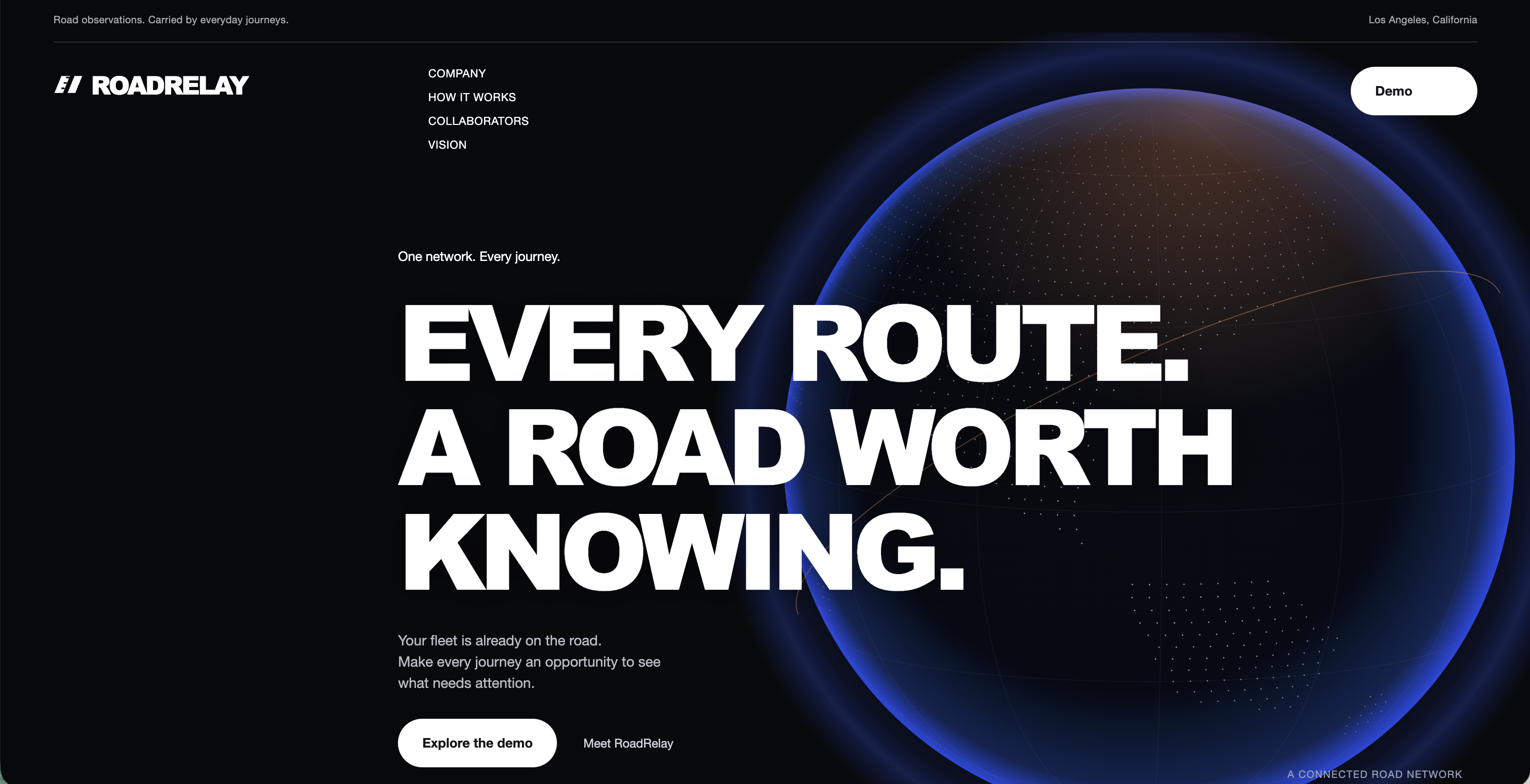 RoadRelay homepage with its animated-globe visual and Every route. A road worth knowing. headline