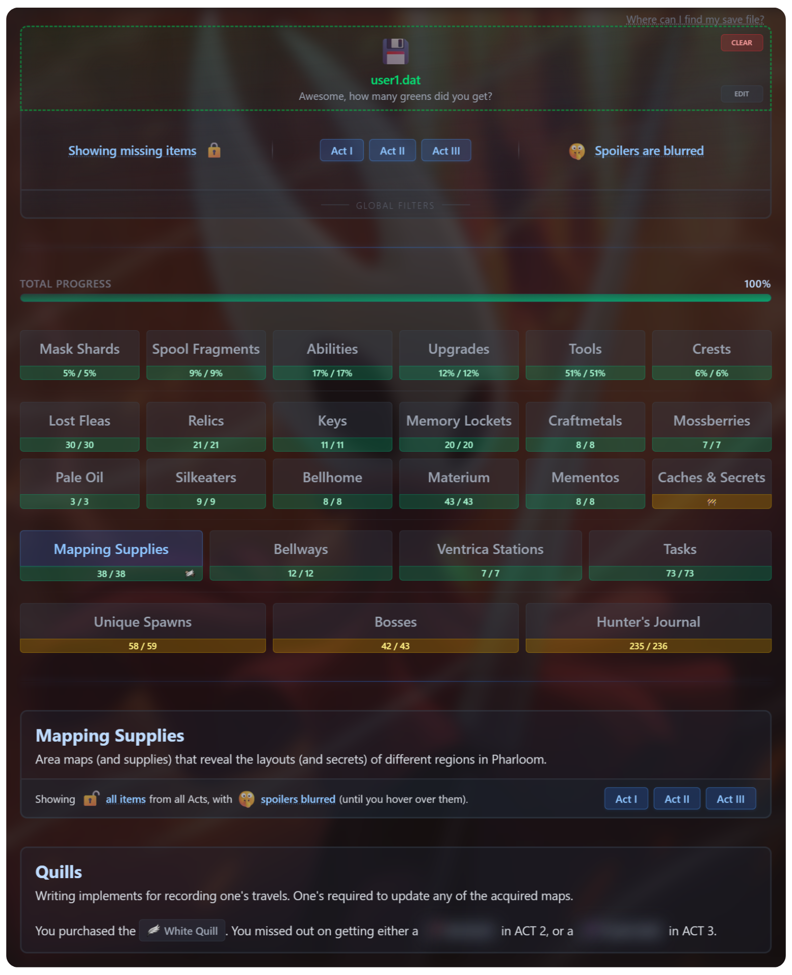Silksong Completionistで追跡されたマッピング用品（クイル）