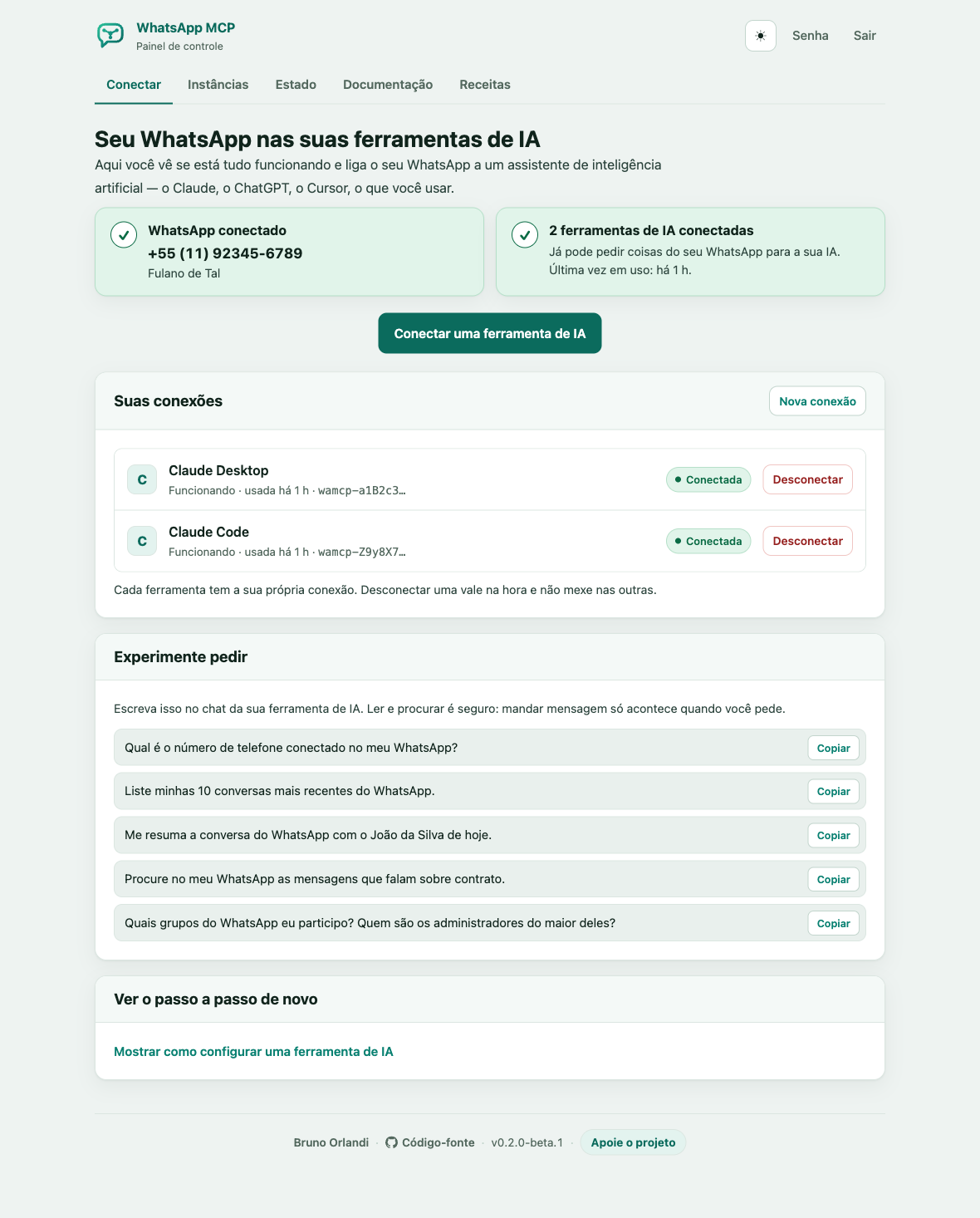 A página Conectar do painel de controle
