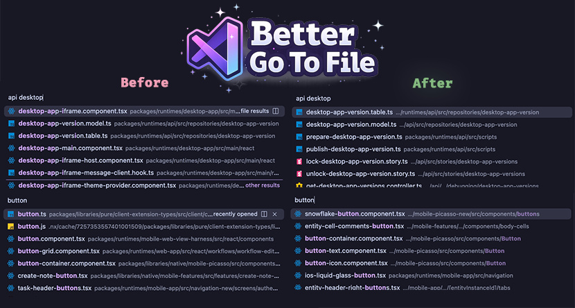 Better Go To File banner showing before-and-after file search results