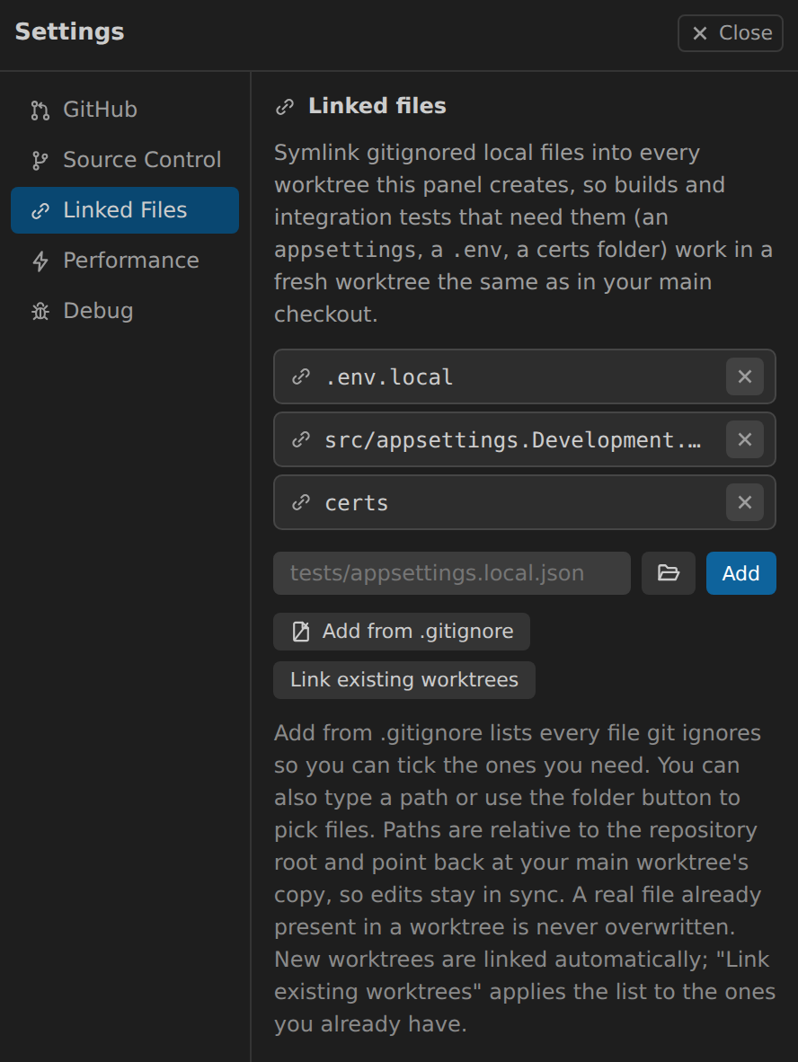 Settings, Linked Files tab: a list of gitignored paths symlinked into every worktree, with Add from .gitignore and Link existing worktrees buttons
