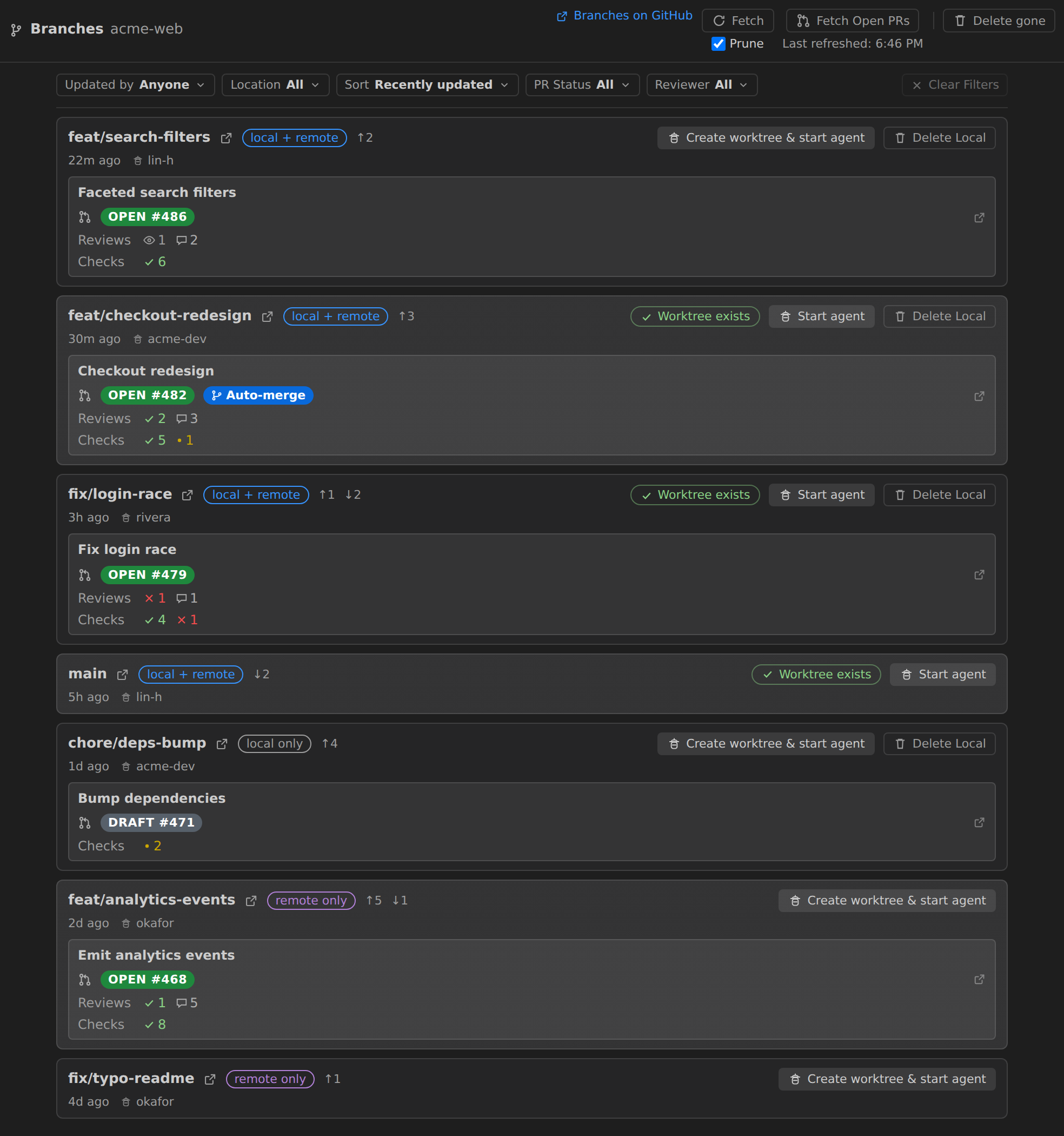 The Branches editor tab: every branch with last-updated time and author, location tags, PR status and create-worktree actions