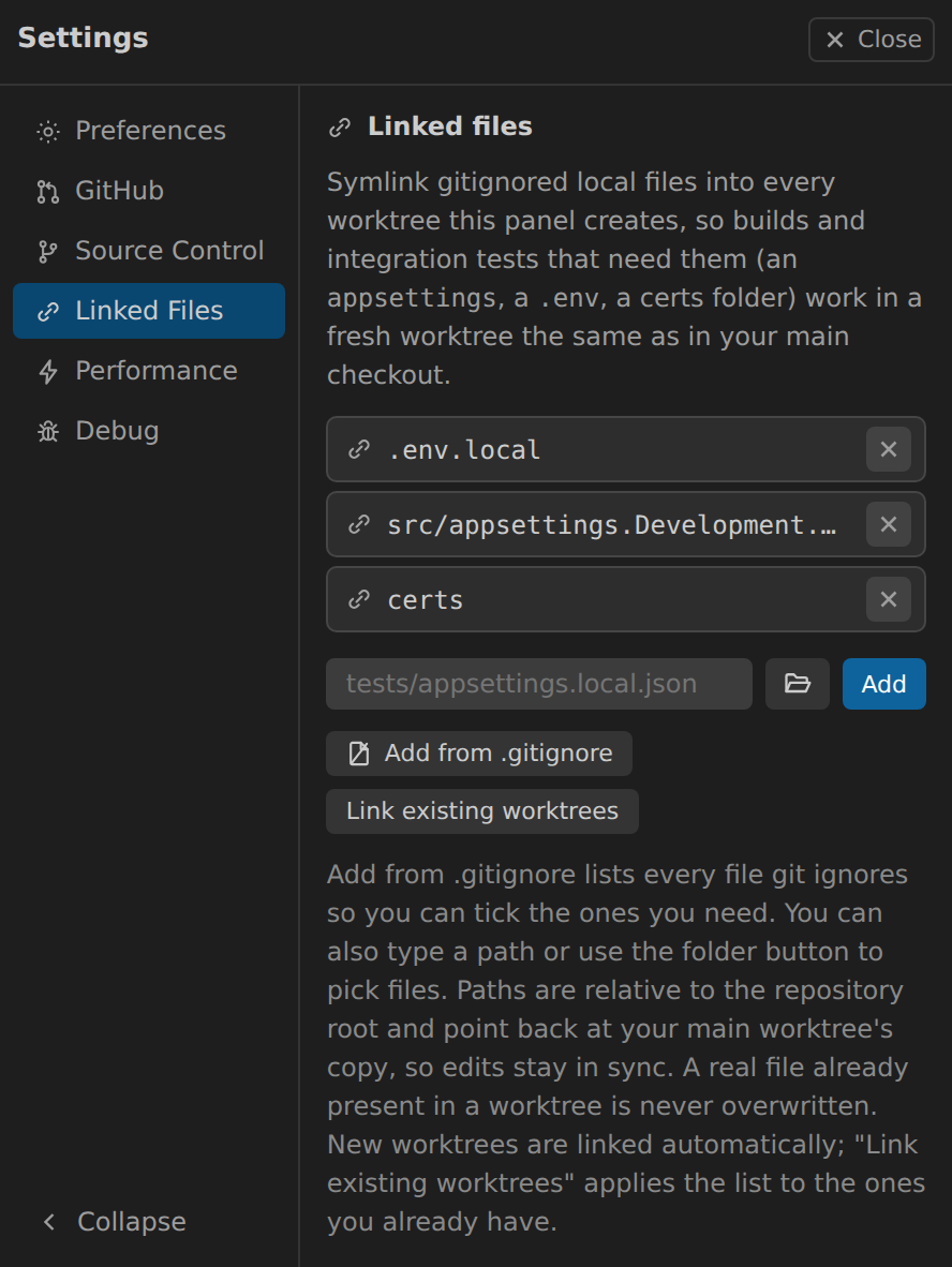 Settings, Linked Files tab: a list of gitignored paths symlinked into every worktree, with Add from .gitignore and Link existing worktrees buttons