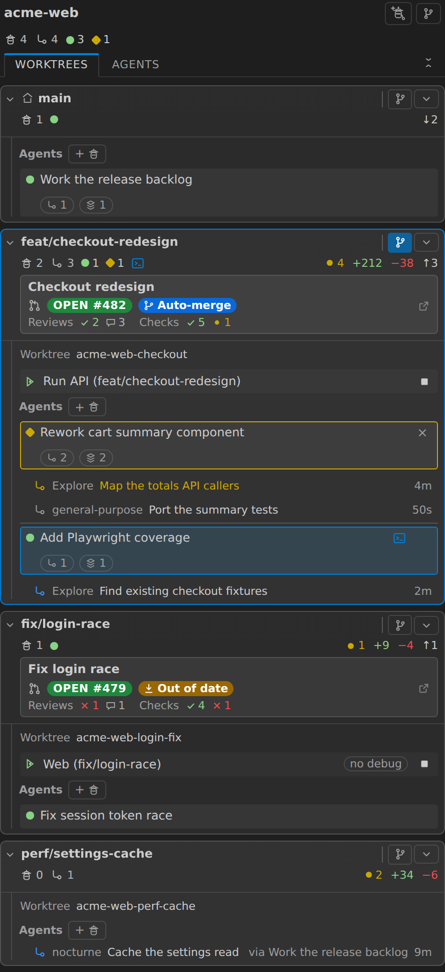 The Agent Worktrees panel: three worktrees with branch names, git status, PR rollups and their running Claude agents