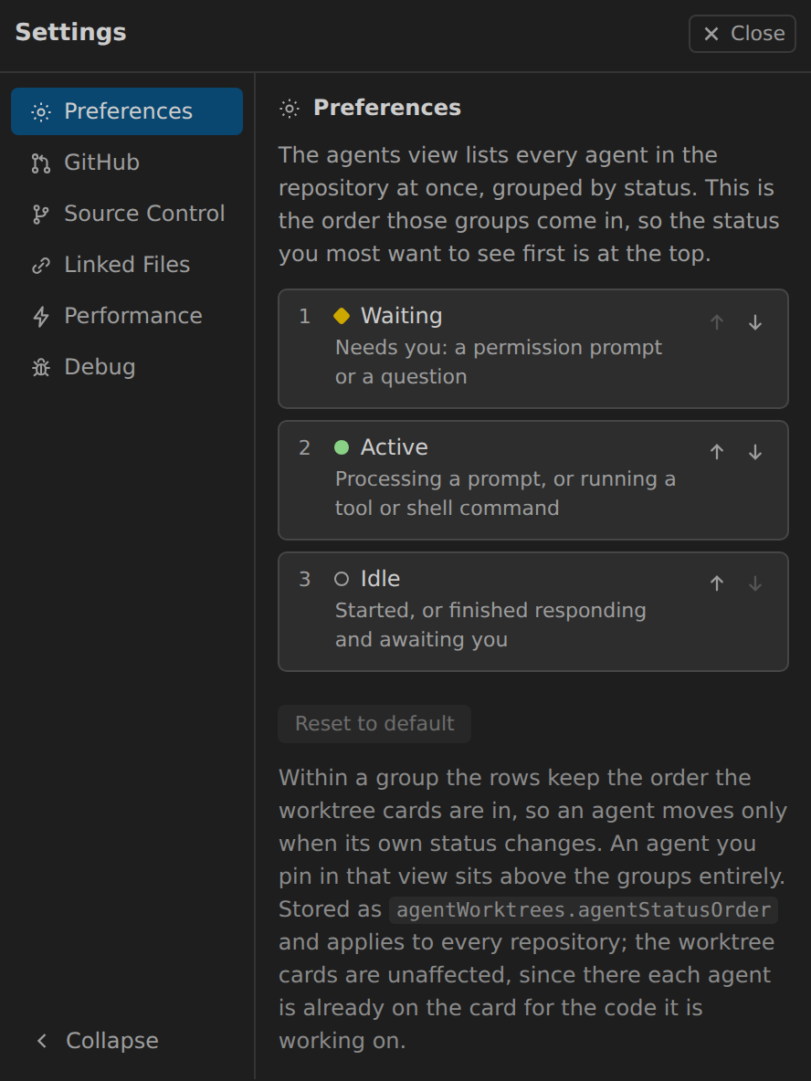 Settings, Preferences tab: the agent statuses in the order the agents view groups them, with up and down controls