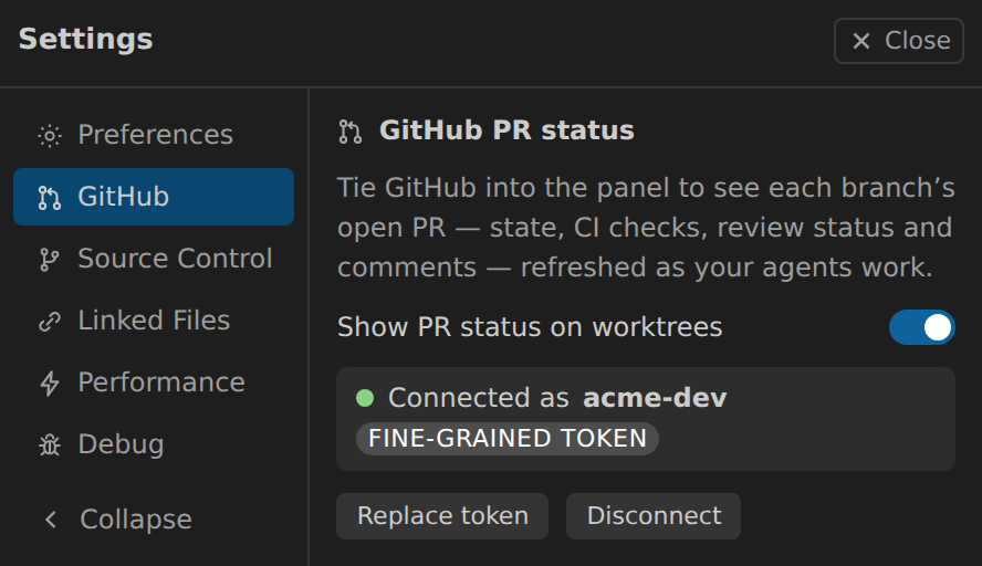 Settings, GitHub tab: the PR status toggle and the connected token