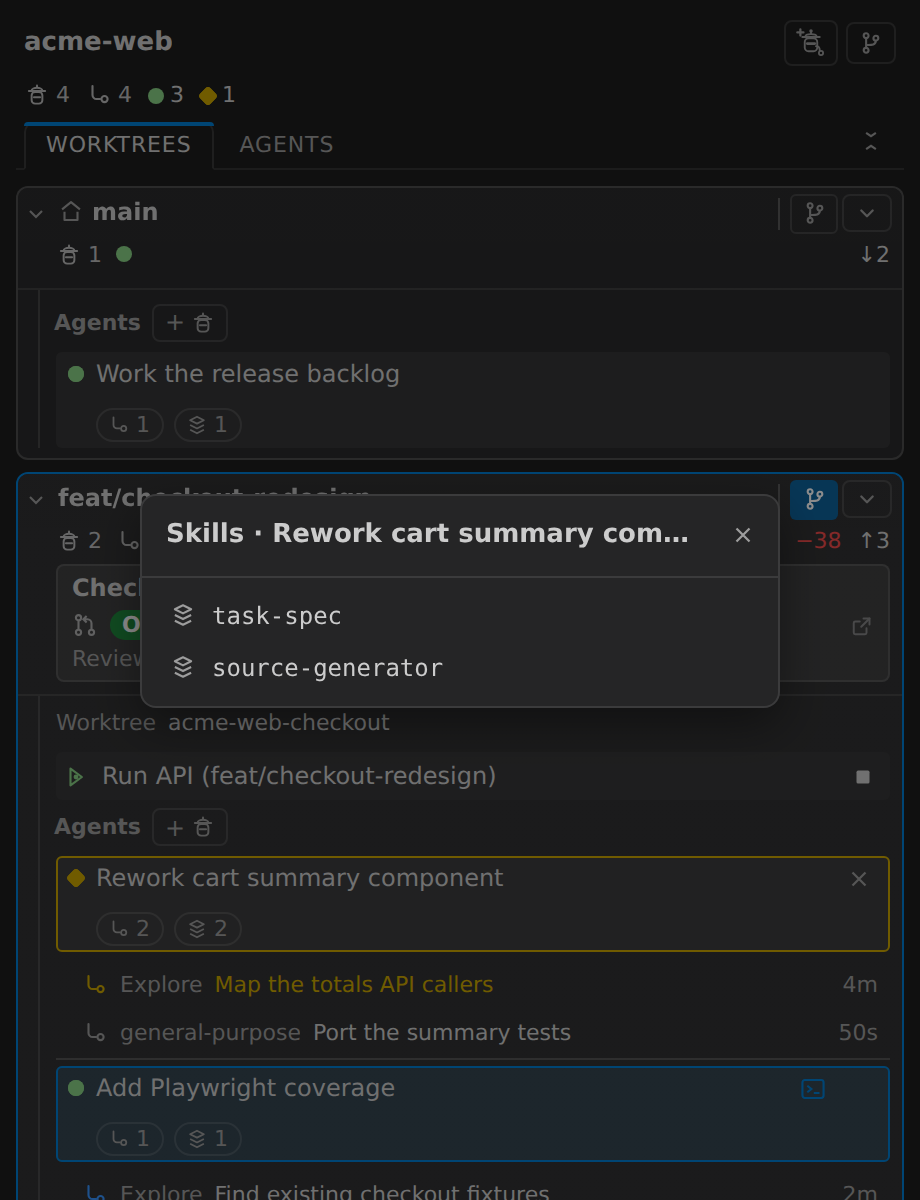 The skills modal listing the Claude skills one agent has invoked
